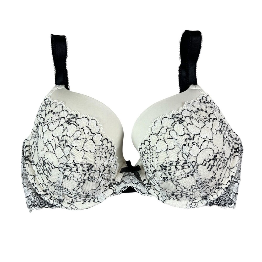 Victoria's Secret Dream Angels White w Black Lace Perfect Coverage Bra 32DD